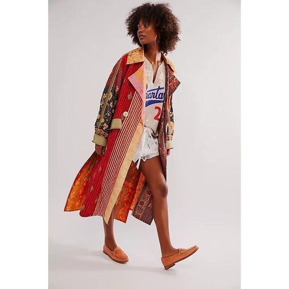 Free People Jackets & Blazers - Free People Multicolor Patchwork Trench Coat - Red & Gold Accents